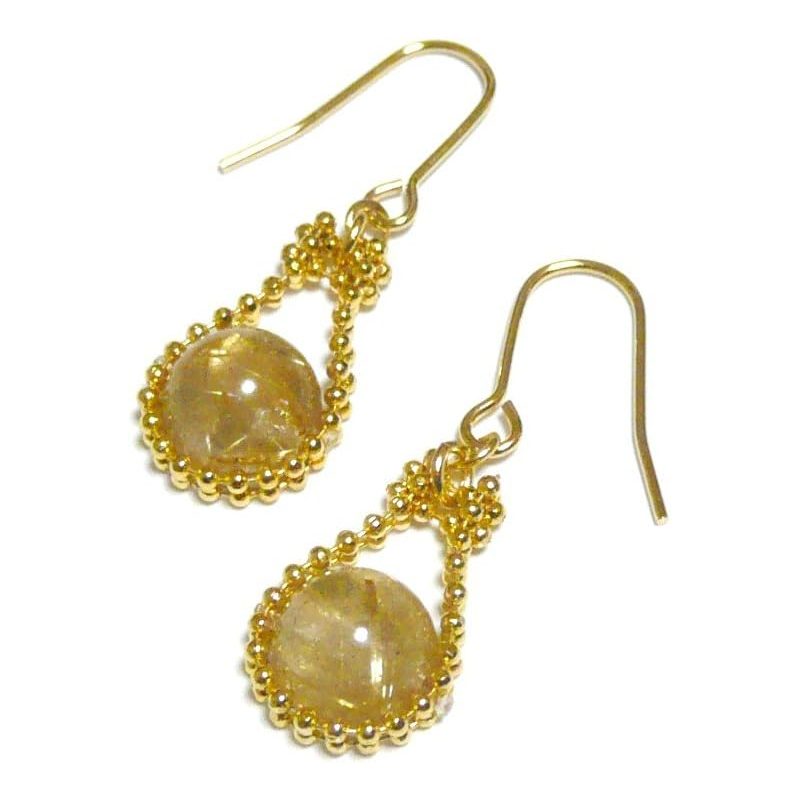 ルチルクォーツ (8mm 丸珠) ピアス/ゴールド トーン 【 馬蹄 】