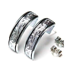 プルメリア(花)&スクロール(波)彫り トロピカルデザイン ハワイアンジュエリー ハーフムーン スタッドピアス