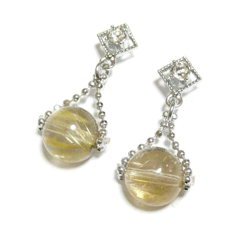 ルチルクォーツ (8mm 丸珠) スタッドピアス チタン